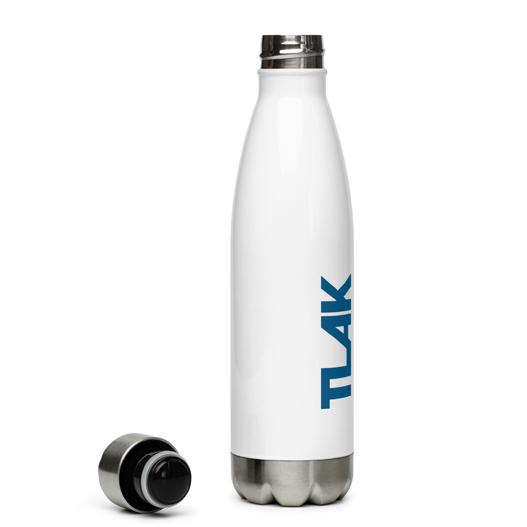 Stainless steel thermo bottle white with blue logo